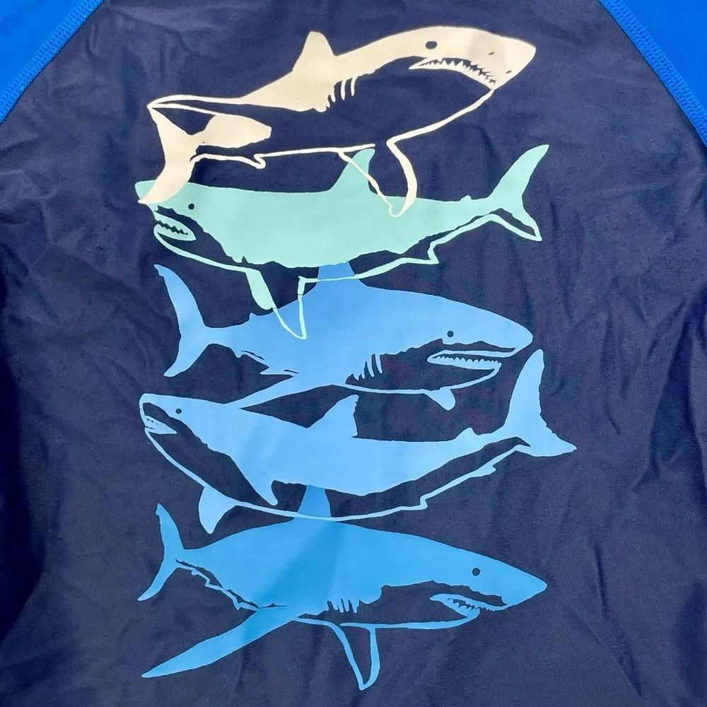 Hanna Andersson Sharks Rash Guard Boys 2 2T 80/85 cm Swim Shirt Navy Blue Summer